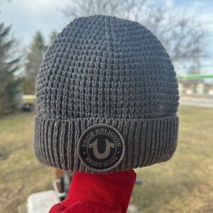 True Religion Gray Knit Cuffed Beanie with Logo Patch